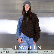 JUNWEI LIN PF23 deconstruct irregular sweater splicing denim zipped jacket with loose high collar lazy wind