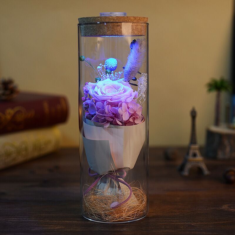 永生花礼盒玻璃罩七彩玫瑰七色花保鲜花同城速递生日情人节礼物品