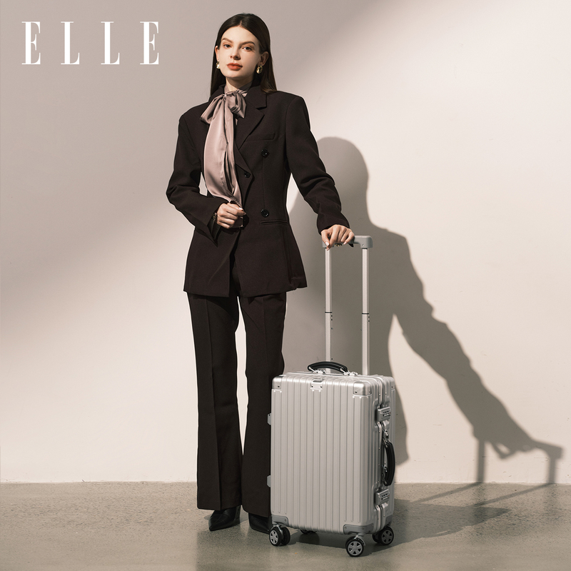 Elle Aluminum Frame Suitcase Women's Trolley Case with Faux Leather Handle 20inch Travel Suitcase Carry-On Suitcase Large Capacity Password Lock Suitcase