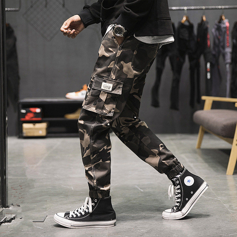 Spring camo leggings men's casual pants small feet Harun overalls Men's fashion brand loose ins lace-up pants