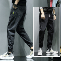 Autumn and winter style brand mens elastic waist jeans slim small feet Korean trend loose leg pants mens autumn