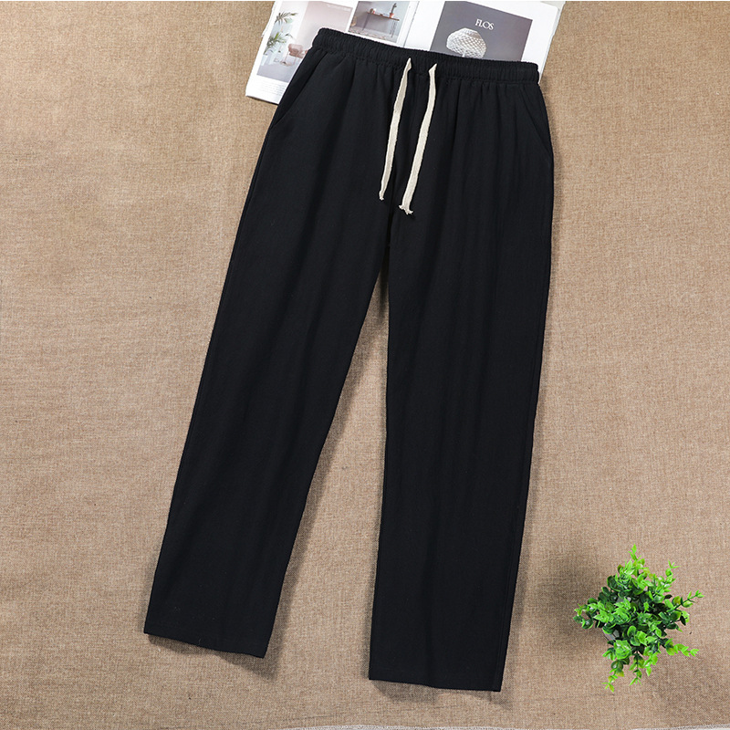Linen Pants for Men, Summer Thin Casual Long Pants, Chinese Style Men's Pants, Loose Ice Silk Straight Pants, Cotton-Linen Wide-Leg Pants