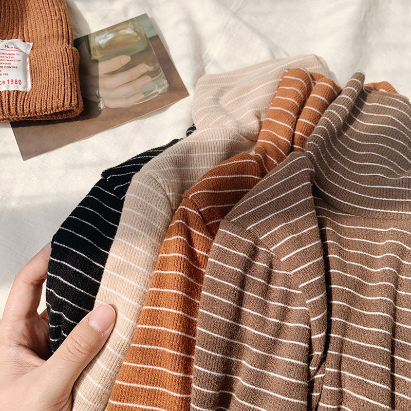 Baby striped inner clothes plus velvet 2021 autumn and winter new children's cotton tops girls Western style high-neck inner clothes