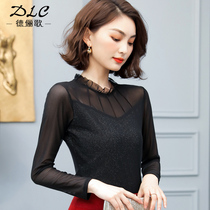 Lace base shirt Women autumn and winter 2021 New Black foreign-style mesh coat Joker slim high collar inner tee shirt