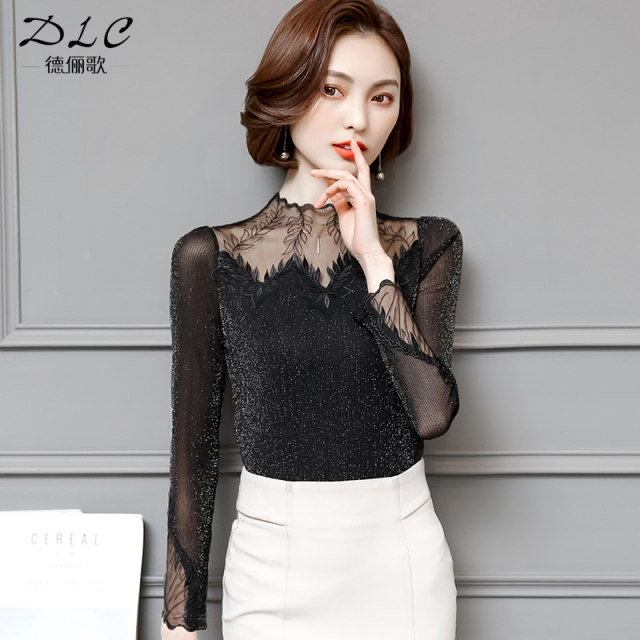 2024 new lace bottoming shirt for women in autumn and winter, sexy turtleneck thin mesh top with hollow inner and western style blouse