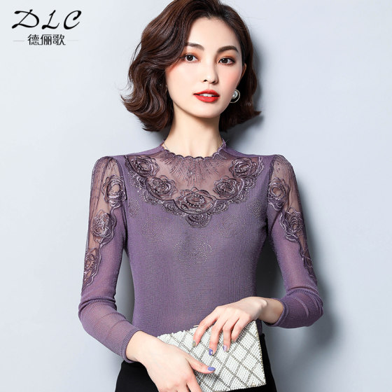 2024 new mesh bottoming shirt for women, autumn and winter turtleneck lace top, sexy thin, foreign style inner long-sleeved T-shirt