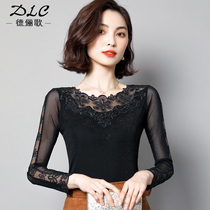 Lace base shirt Women autumn and winter thin glossy silk mesh top slim Joker size 2021 New Interior shirt