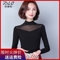 Modal base shirt female spring and autumn thin half high collar net gauze top with black foreign color slim long sleeve