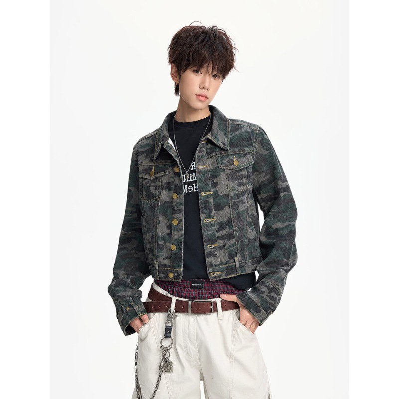American Retro Camouflage Deconstructed Workwear Short Denim Jacket for Men, Autumn Street Punk Style Slim Fit Lapel Jacket