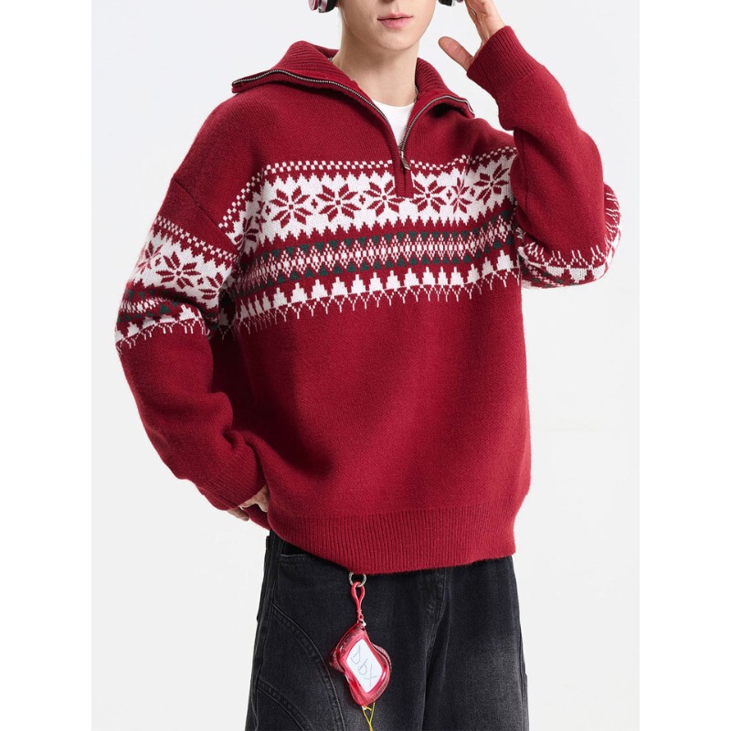 American Retro Fair Isle Jacquard Half-Zip Turtleneck Knitwear for Men and Women, Loose Casual Lazy Style Red Knitwear