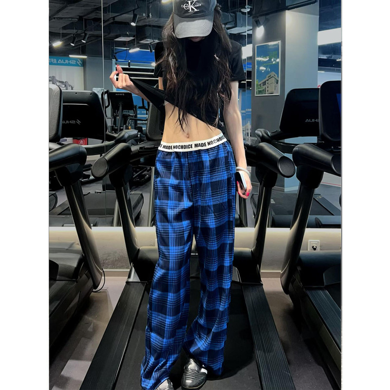 American Retro Patchwork Waist Plaid Sports Wide-Leg Pants for Men and Women, Summer Thin Loose Drape Casual Plaid Pants