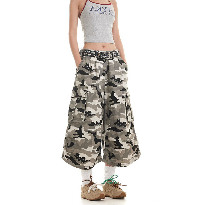 American Retro Multi-Pocket Pleated Camouflage Capri Pants for Men and Women, Summer Trendy Loose Wide-Leg Straight Casual Shorts