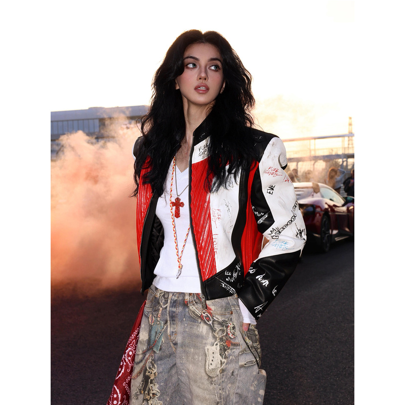 American-Style Trendy Brand Short Stand-Collar Graffiti Leather Jacket for Men and Women, Autumn Printed Street Racing Jacket with Patchwork Leather