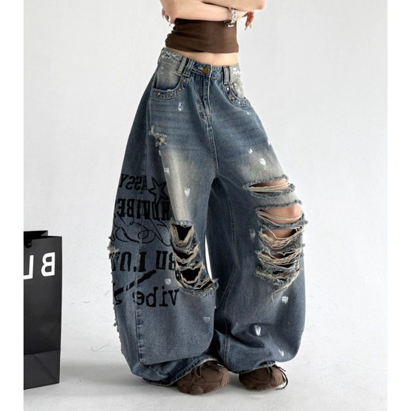 American Street Style Letter Print Design Scimitar Pants for Men and Women, Vintage Washed Ripped Denim Wide-Leg Trousers