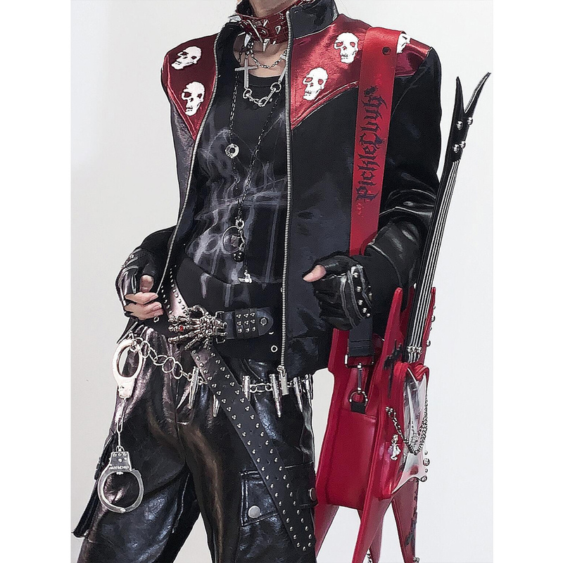 Subculture Style Shoulder-Length Skull Embroidery Stand-Collar Jacket for Men, Autumn Street Fashion Punk Visual Style Short Coat