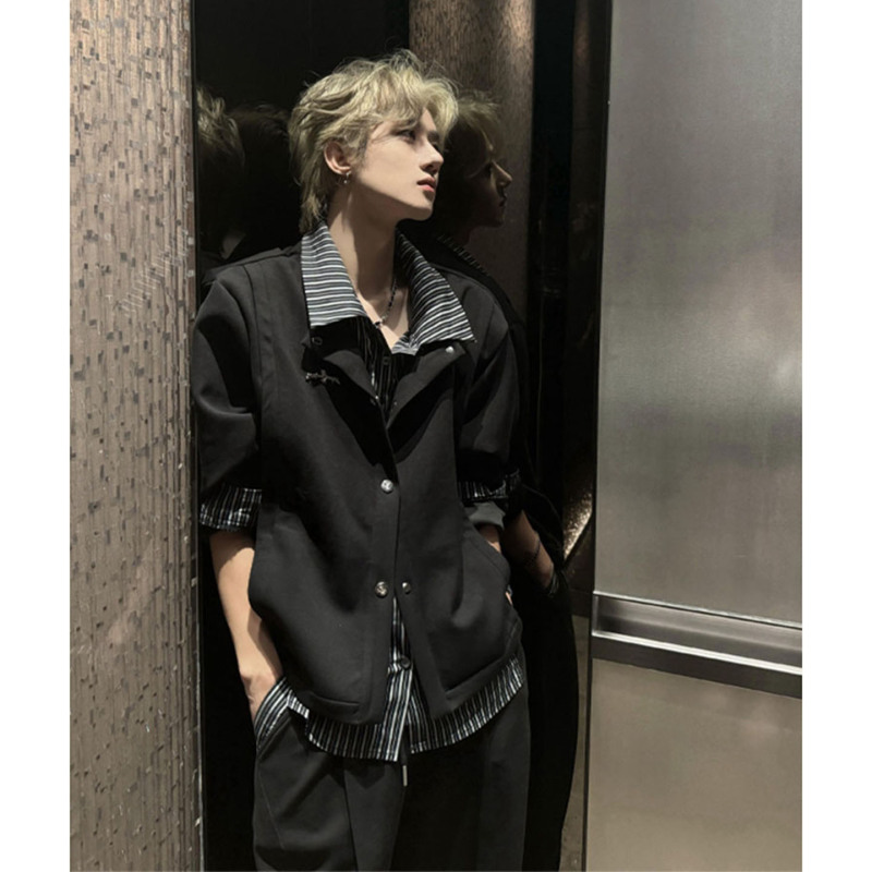 American Retro Fake Two-Piece Striped Patchwork Shirt with a Turn-Down Collar, Men's Autumn Trendy Brand Casual Loose Cardigan Jacket
