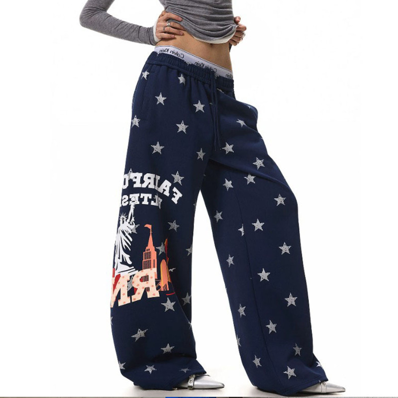 American Street Fashion Brand City Star Print Casual Sports Pants for Men and Women, Loose Casual Drapey Wide-Leg Sweatpants