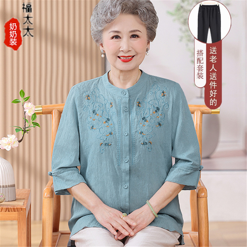 Grandma's Summer Clothing, Chinese Style Cotton and Linen Embroidered Shirt for Elderly Women, Round Neck Cardigan, Loose Pure Cotton Top, Stylish Grandma's Summer Clothing, Chinese Style Cotton and Linen Embroidered Shirt for Elderly Women, Round Neck Cardigan, Loose Pure Cotton Top, Stylish