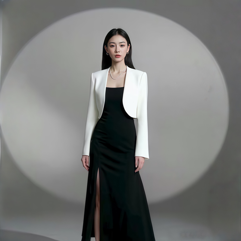Summer Thin Blazer for Women, Elegant for Work, Ultra-Short White Blazer, Black Mid-Length Dress