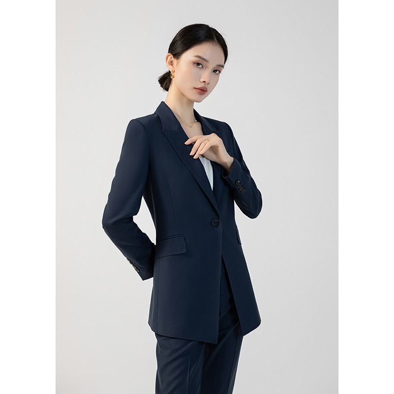 High-End Wool Blazer, Sophisticated Commuter Style, Formal Suit, Navy Blue, Single-Button Professional Suit for Women