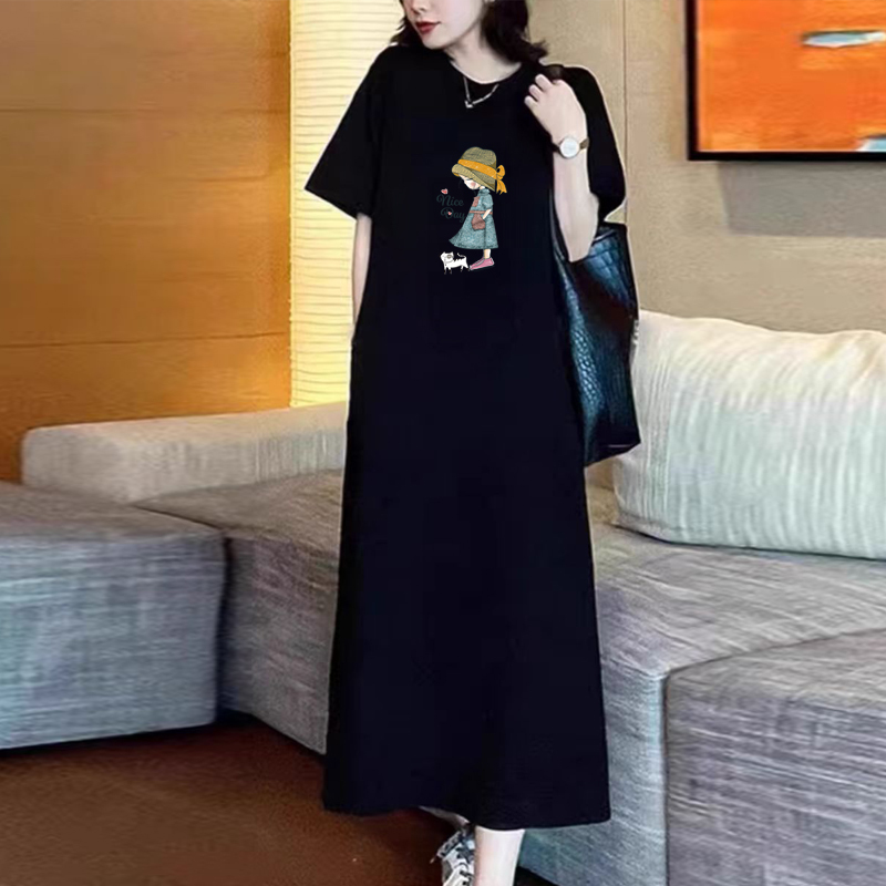 European Style Dress for Women, Summer Thin and Simple, Over-The-Knee, Lazy Style, Plus Size, Fat mm 100kg Loose Short-Sleeved T-Shirt Dress