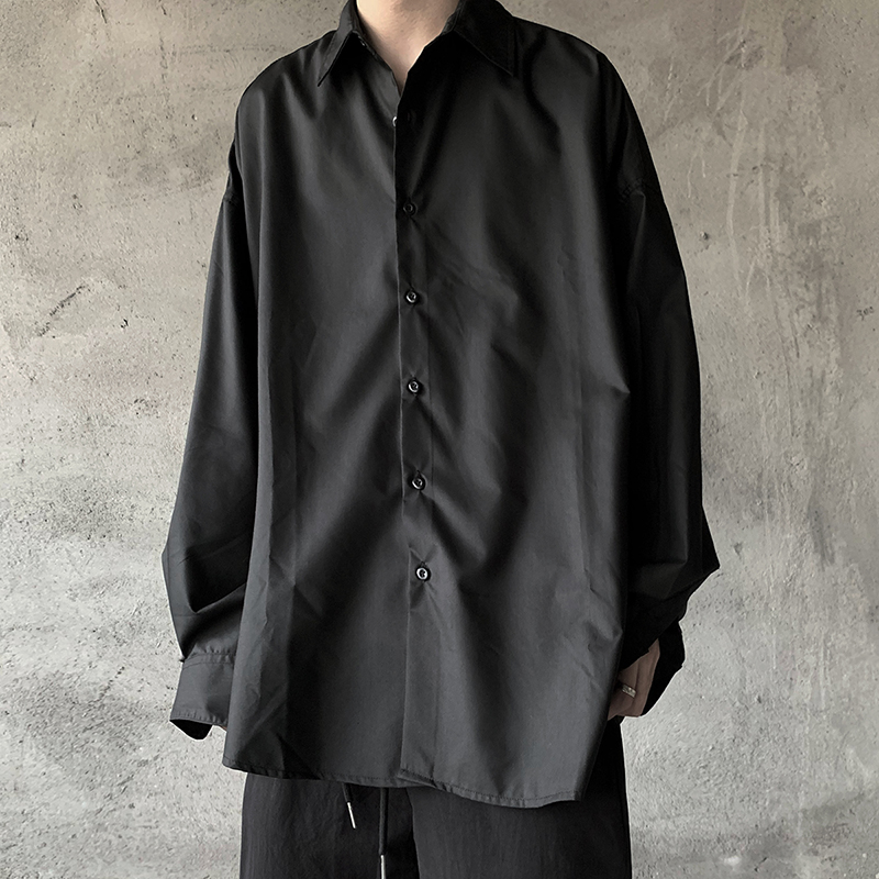 Blouse Mr. Slip Fabric Pure Color Shirt Man Oversized Loose Long Sleeves Brief Dark Black Slacker Shirt