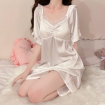 No girls dislike ~ lace side with short sleeping dress dress in summer pure silk home dress