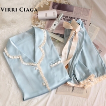 Gentle crimping~VIRRI CIAGA PAJAMAS WOMENS summer SOLID COLOR FUNGUS EDGE SHORT-SLEEVED silk THIN SECTION CAN BE WORN outside