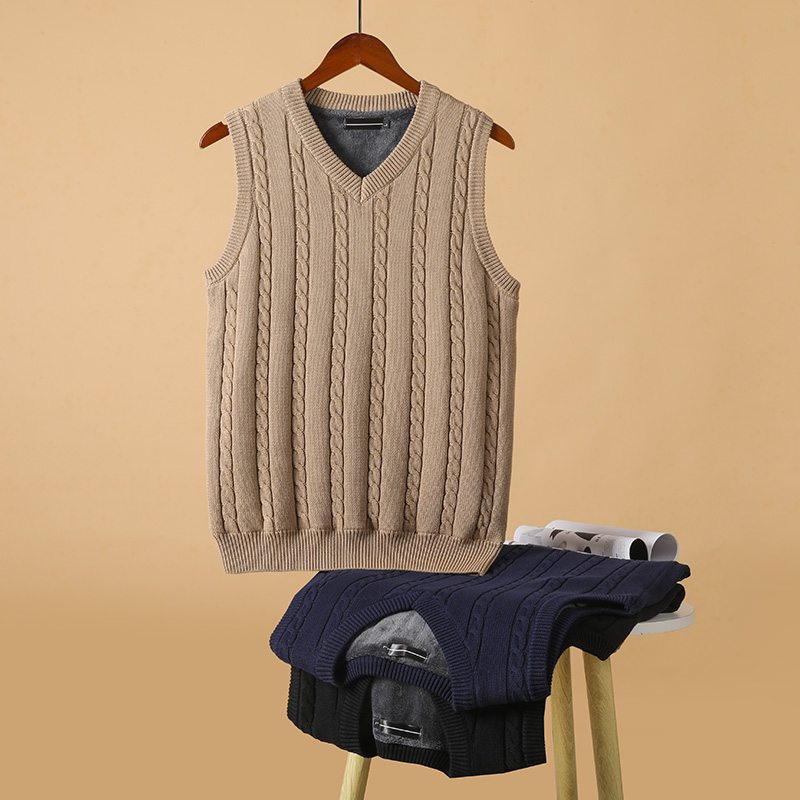 Warm vest men's sweater waistcoat waistcoat thickened winter knit knitwear male wool line waistcoat Daddy outside wearing-Taobao