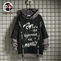 Wdtti spring street hip-hop trend brand hooded loose sweater mens letter contrast color streamer fake two-piece hoodie