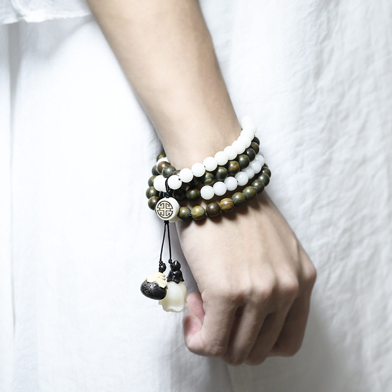 Chinese Wind Foal Department Handmade Multi Circle White Jade Bodhi Root Green Sandalwood 8mm Handstrings Necklace Wool necklace Men and women