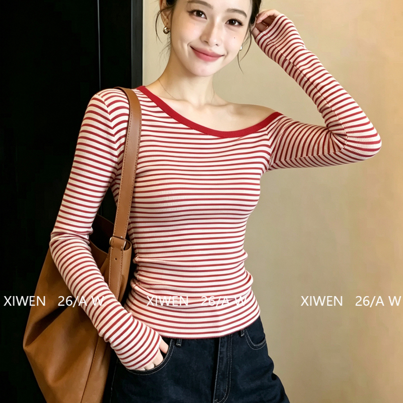 American-Style Off-Shoulder Retro Striped Long-Sleeve T-Shirt for Women, 2026 New Model, Slim-Fit Base Layer with a Flattering Design American-Style Off-Shoulder Retro Striped Long-Sleeve T-Shirt for Women, 2026 New Model, Slim-Fit Base Layer with a Flattering Design
