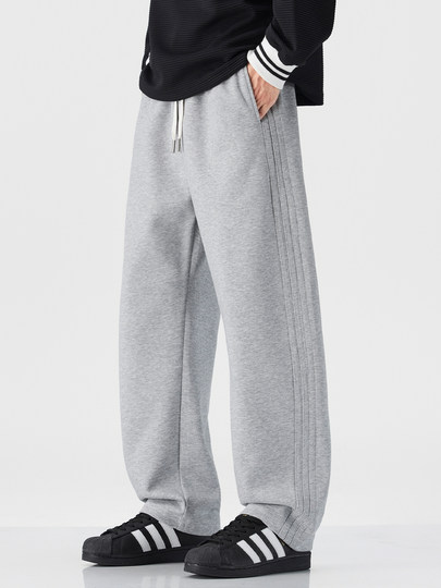 Pure Cotton 460g Heavyweight Curved Hem Sweatpants for Men, Winter Fleece-Lined, Warm, Loose Fit, Wide-Leg Straight Casual Pants for Teenagers