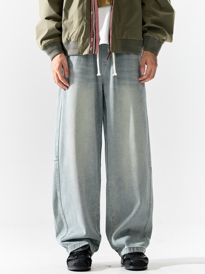 Pure group heavyweight jeans men's spring and autumn American style overalls loose washed straight wide leg light-colored casual pants