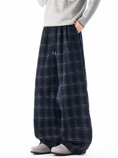 Pure heavyweight plus velvet plaid casual pants for men in winter, thickened and warm, American retro loose wide-leg straight trousers
