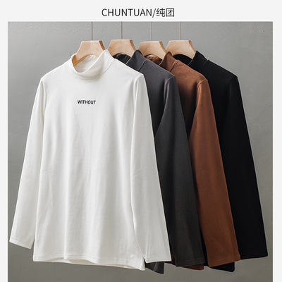 Pure Tuan American style heavyweight double-sided German velvet long-sleeved T-shirt for men's autumn and winter printed mid-collar teenage inner layer base shirt