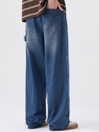 Washed jeans men's spring 2025 new loose wide-leg casual pants logging pants straight American style work trousers