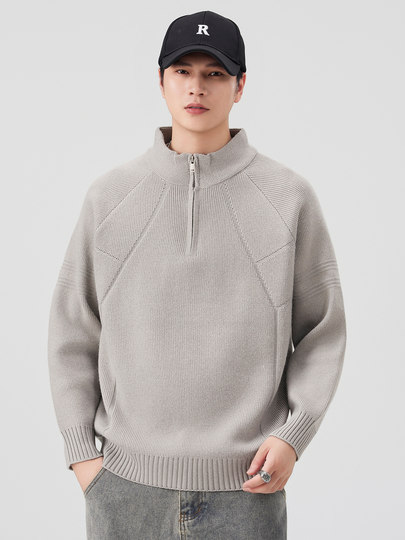 810g Heavyweight Half-Zip Sweater for Men, Winter American Style Loose Solid Color Half-High Collar Thickened Warm Knitwear Jacket