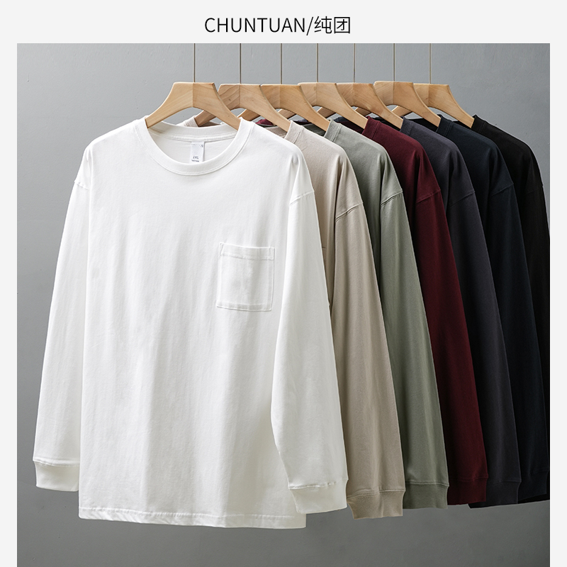 Double Needle 260g Heavyweight Pocket T-Shirt for Men, Long-Sleeved, Spring and Autumn, Loose Fit, Crew Neck Sweatshirt, Pure White, Pure Cotton Base Shirt