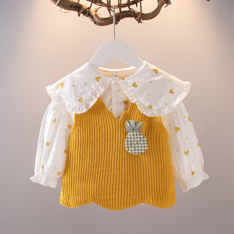 Female Baby Long Sleeve Shirt 0-1-2-3 Year Old Girl Spring Dress Suit Foreign Shirt Knitted Machia Two Sets Ebb