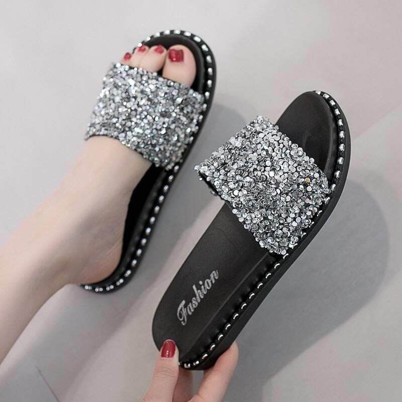 ins slippers female summer wear 2019 new Korean version fashion water drill thick bottom lined red society flat bottom sandals