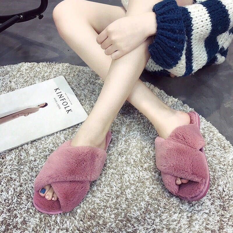 Autumn Winter Plush Suede Fashion House Cross Open-toe External Wearing Fur Slippers Women Flat Bottom Anti Slip Cotton Tug Warm Women Shoes