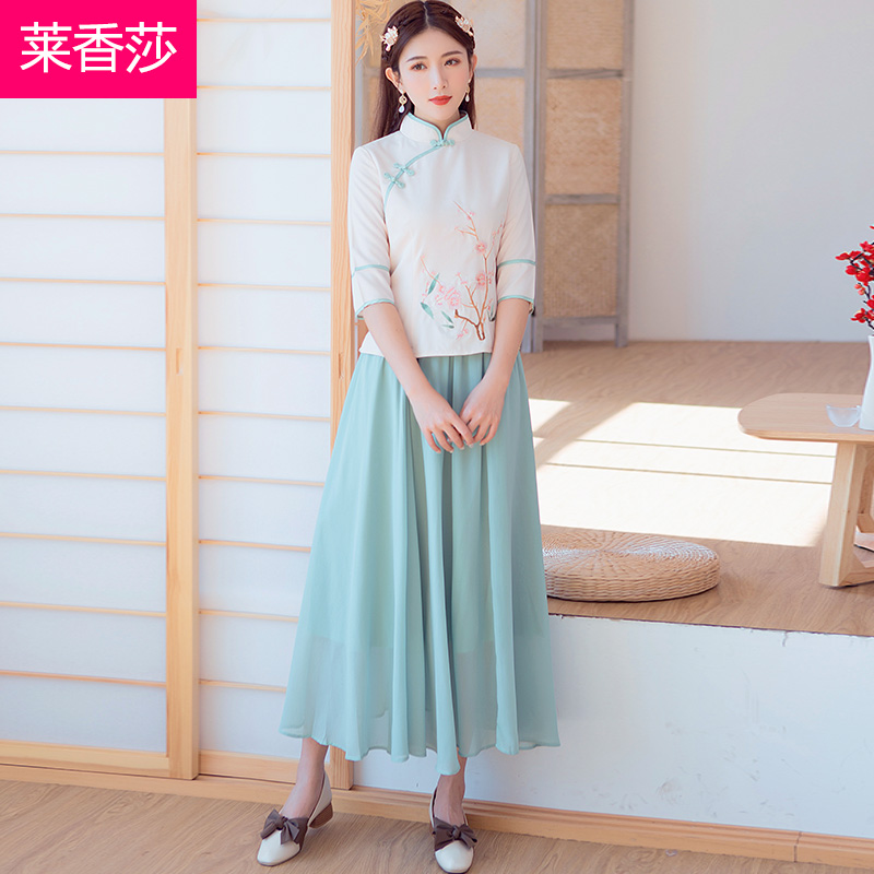 Han chiếc váy của phụ nữ mùa hè váy của người dân cải thiện cờ robe quốc gia Tang ngắn tay đầu voan váy hai mảnh phù hợp với tea-set bông