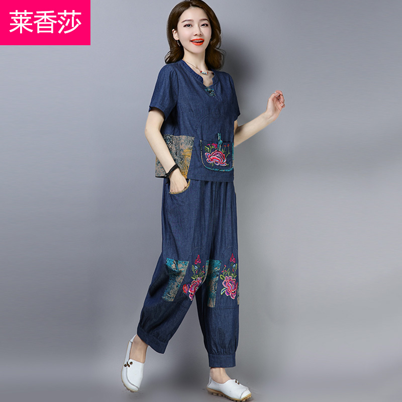 gió Quốc Tang phù hợp với nữ retro gió của Trung Quốc mùa hè váy cotton linean đầu ngắn tay quần lỏng lẻo rộng chân hai mảnh bộ phụ nữ