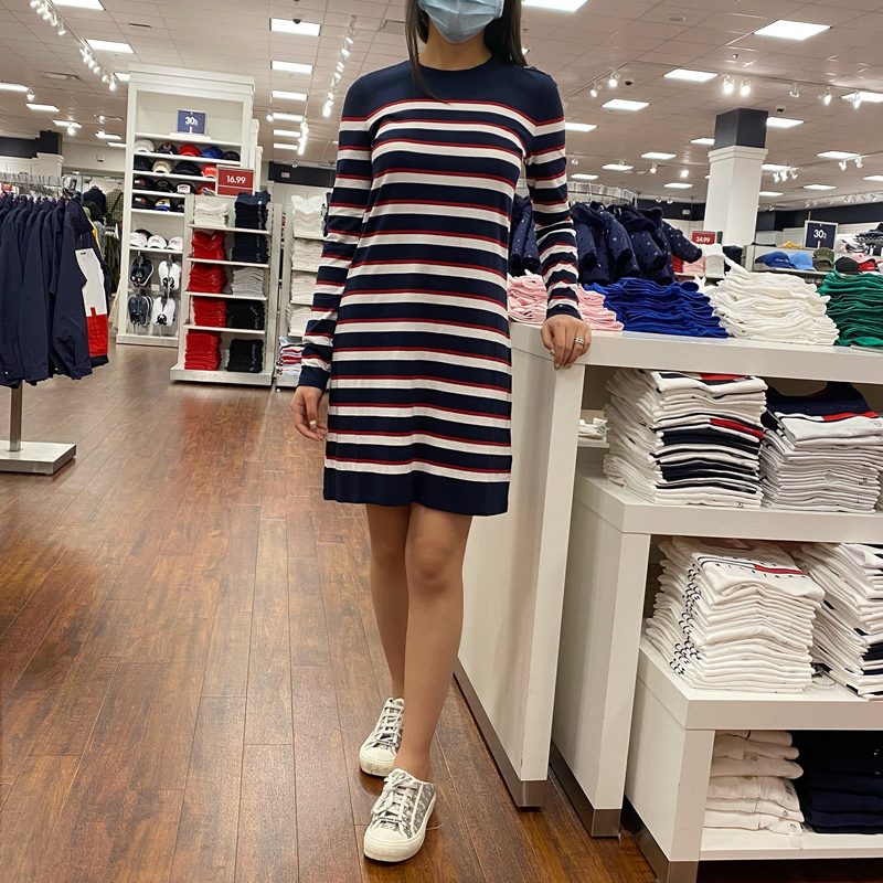 Tommy Hilfiger Tommy Women's New Autumn Casual Color-Block Striped Long-Sleeve Mid-Length Dress Tommy Hilfiger Tommy Women's New Autumn Casual Color-Block Striped Long-Sleeve Mid-Length Dress