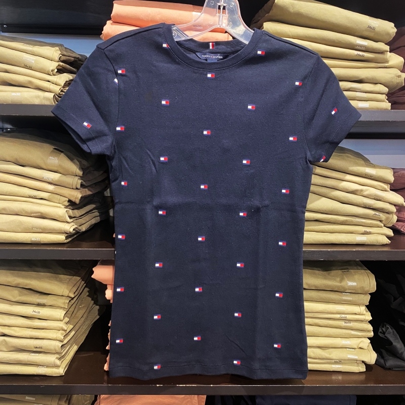 Tommy Hilfiger Women's New Summer Casual Full Logo Printed Pure Cotton Slim Round Neck Short-Sleeved T-Shirt