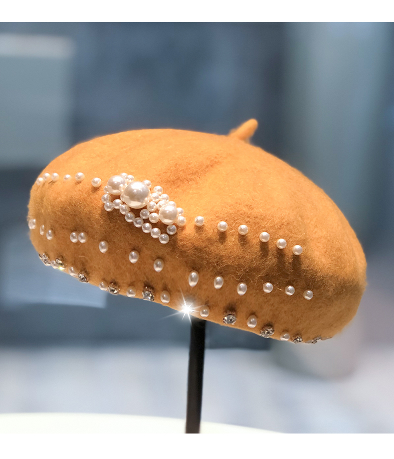 Sweet Style Eaveless Rim Women's Sweet Solid Color Pearl Eaveless Beret Hat