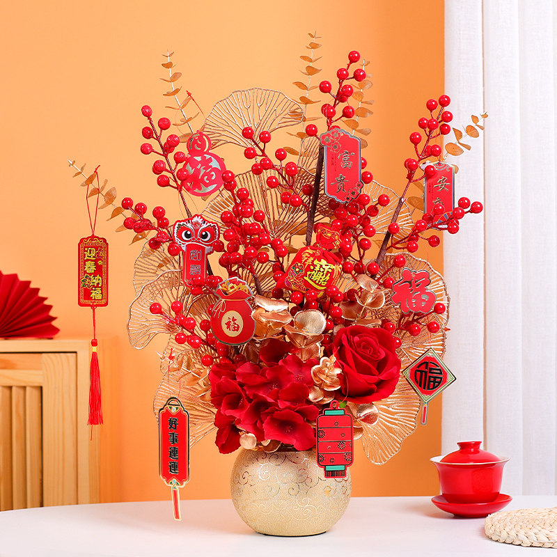 Red Hair Rich Fruits Emulated Flowers Winter Green Fake Flowers Flower Arrangement Furnishing Living-room Decoration Joo Relocation Gifts Wedding Celebration Flower Art Swing Pieces