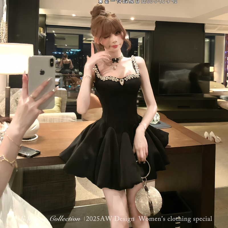 Sisi Jiang "Elegant Lady of the Court Style” French-Style Daughter of the Nobility Sparkling Black High-End Dress with Fishbone Puffy Skirt