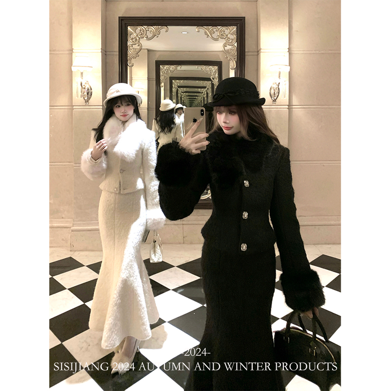 Sisi Jiang "Snow Country Daughter-In-Law Style Tea Break High-End Waist-Cinching Socialite French Fur Collar Suit Dress